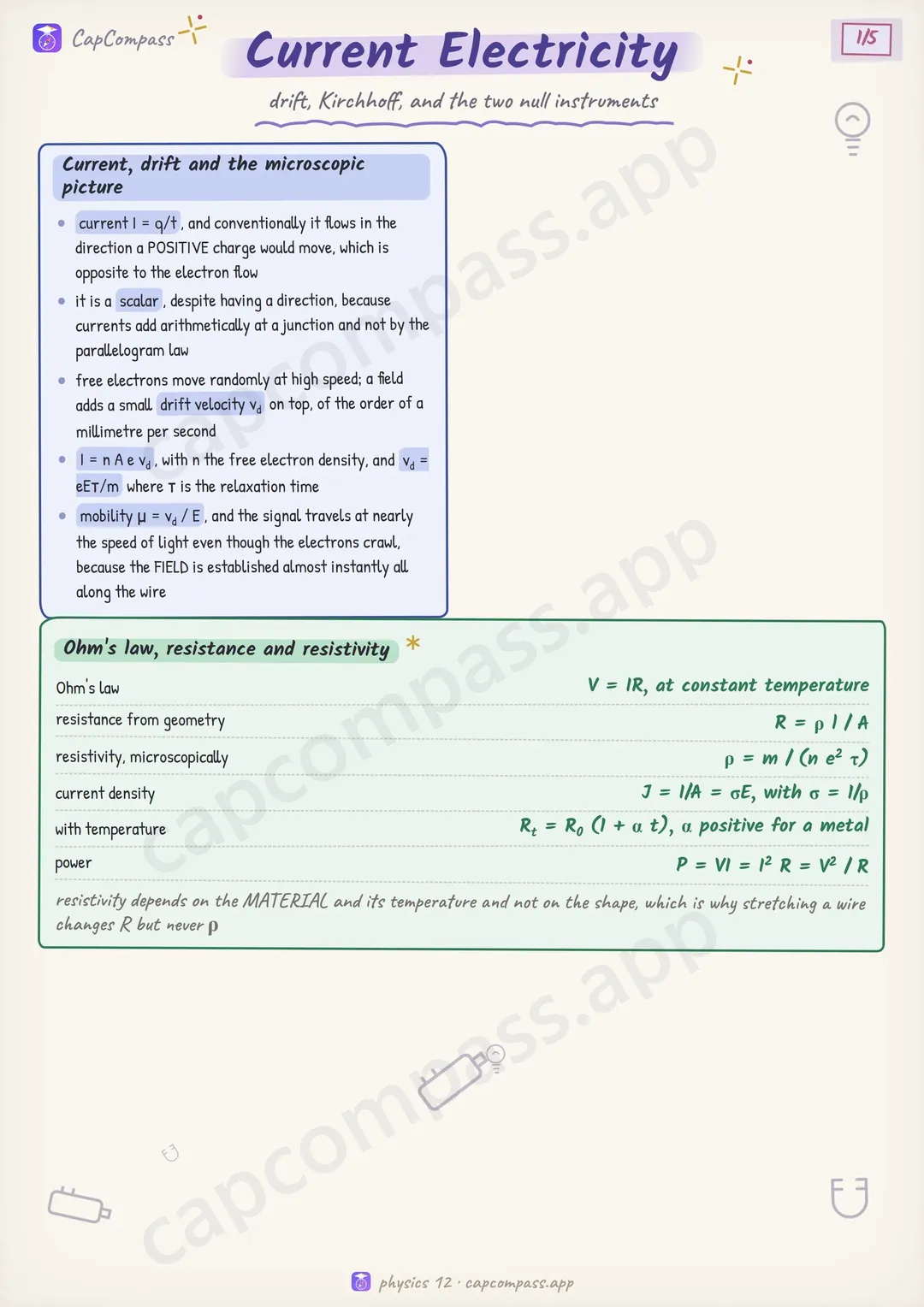 Current Electricity revision notes, page 1 of 5