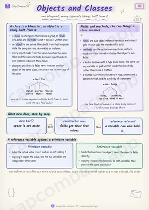 Objects and Classes revision notes, page 1 of 3