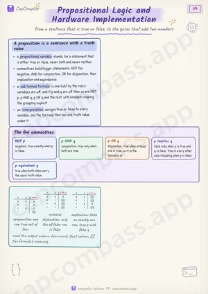 Propositional Logic and Hardware Implementation revision notes, page 1 of 4