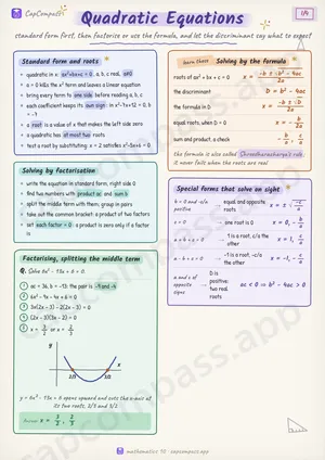 Quadratic Equations revision notes, page 1 of 4